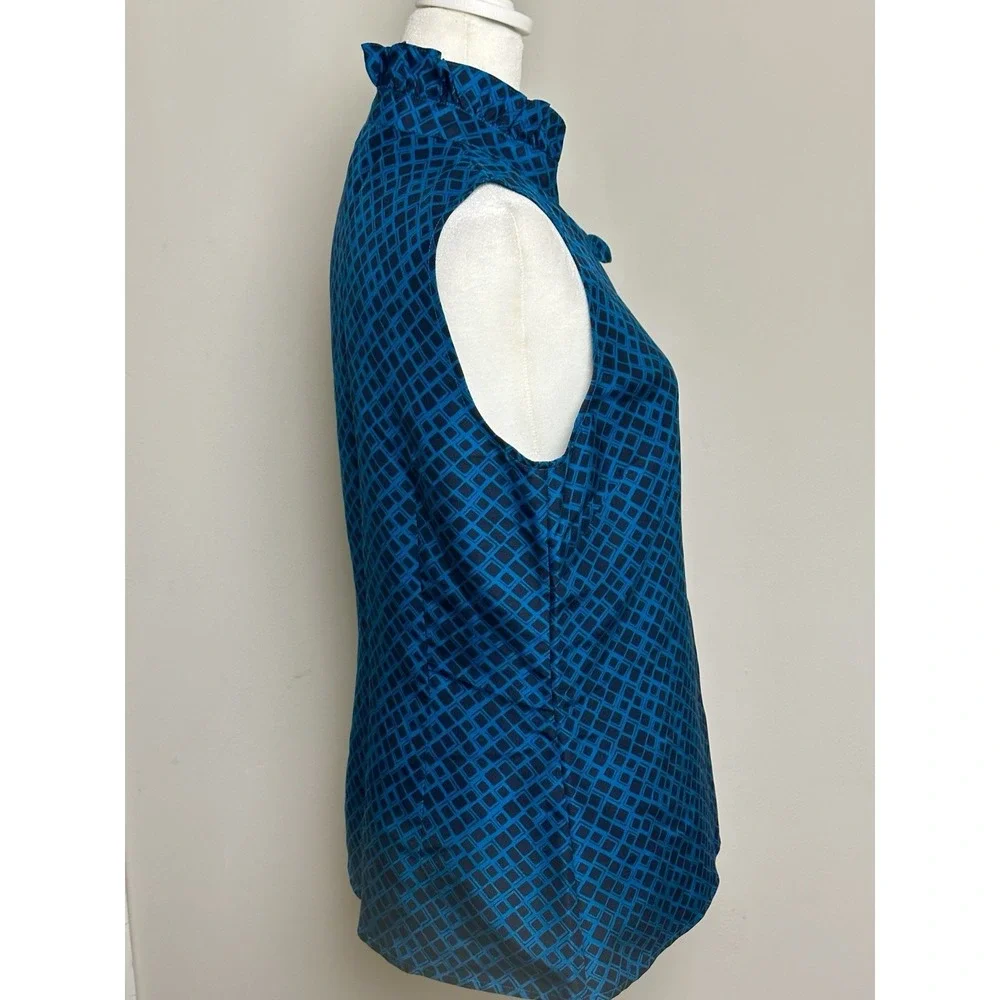 Tory‎ Burch Blue Black Geometric Ruffle Collar Sleeveless 100% Silk Blouse-Sz 8